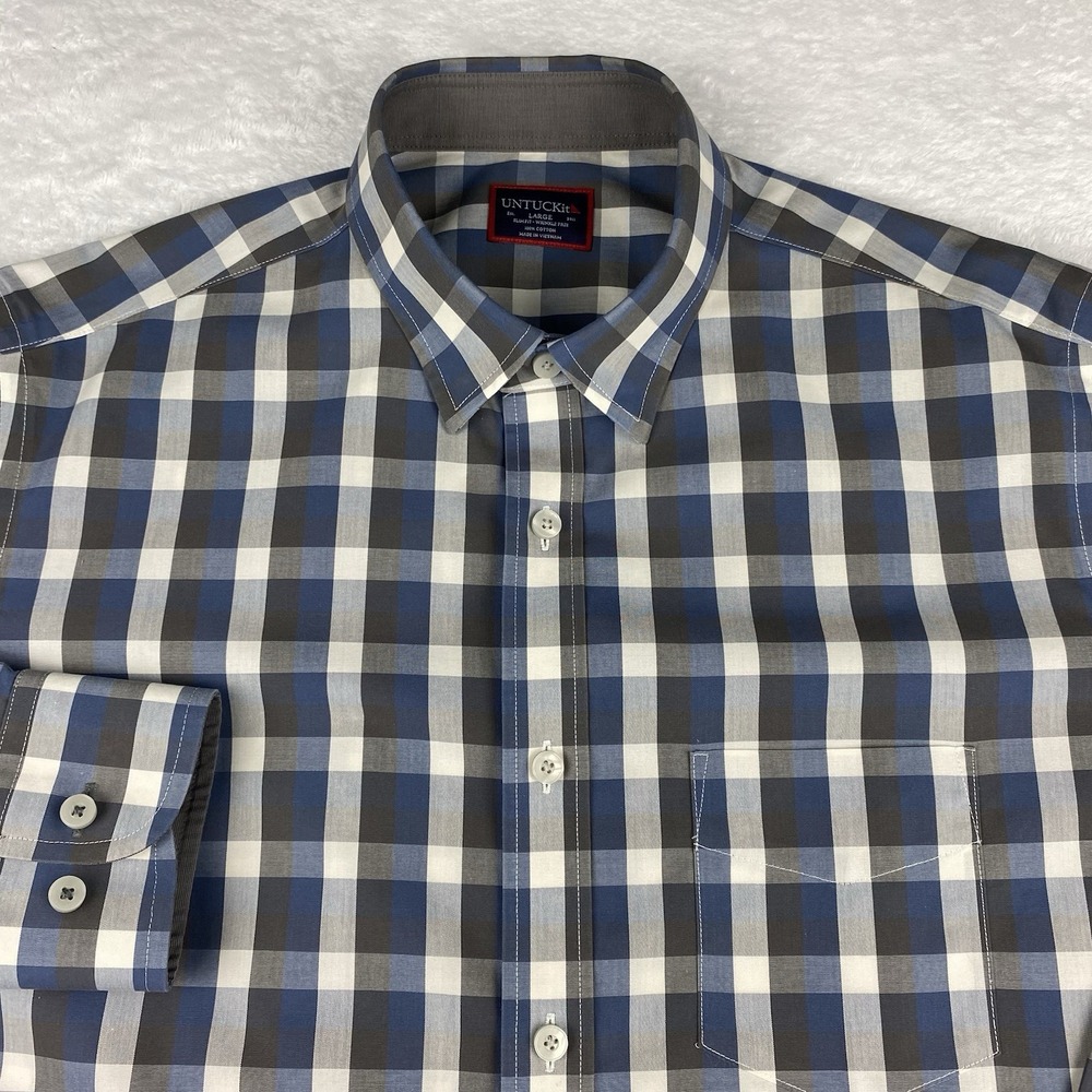 UNTUCKit Shirt Mens Large Blue/White/Gray Checks Slim Fit Wrinkle Free